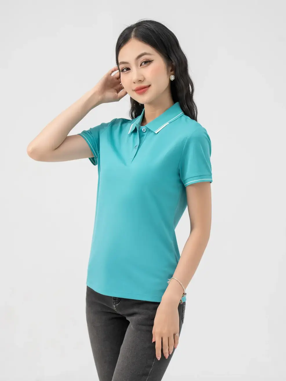Áo Polo Nữ Siro Rayon bo kẻ - Xanh ngọc - S