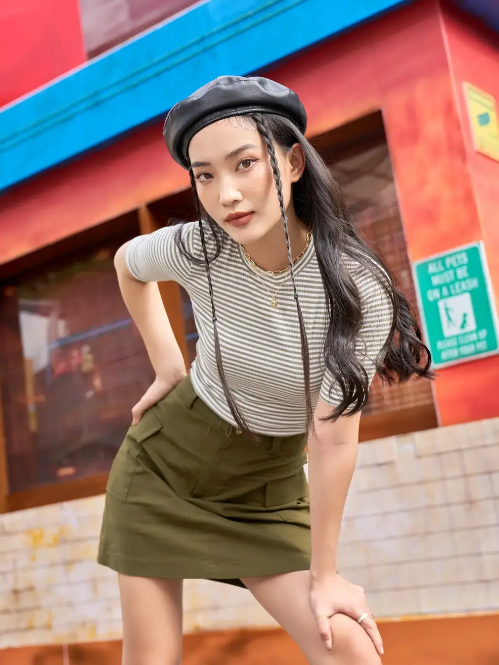 Áo thu đông nữ dáng ôm croptop - Kẻ xanh lục. - S