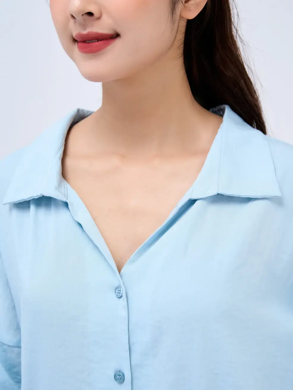 Sơ mi dài tay nữ suông cổ trễ - Xanh - L