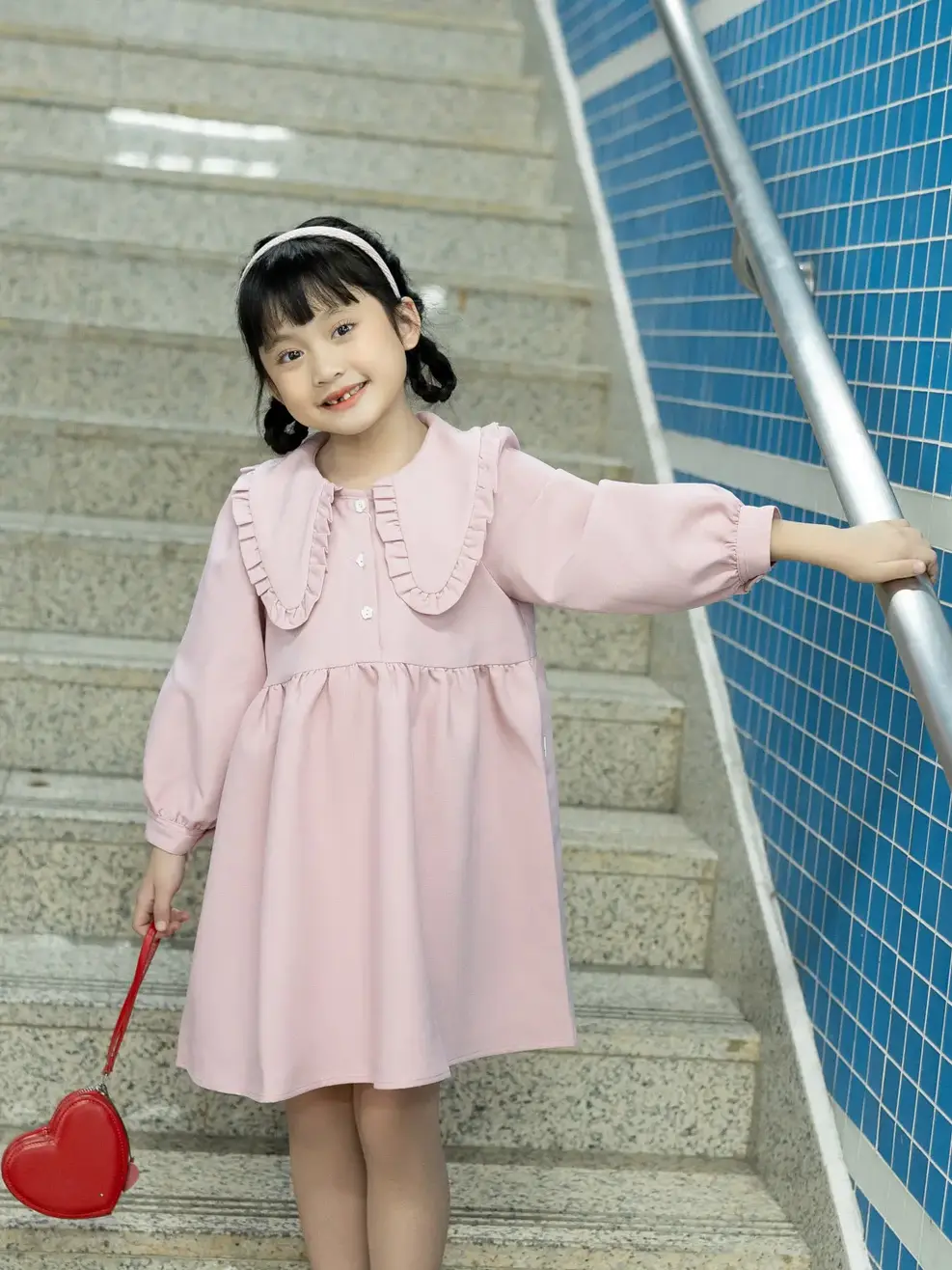 Váy Kid Nữ Lá Cổ To Nhún Bèo - Hồng - 2