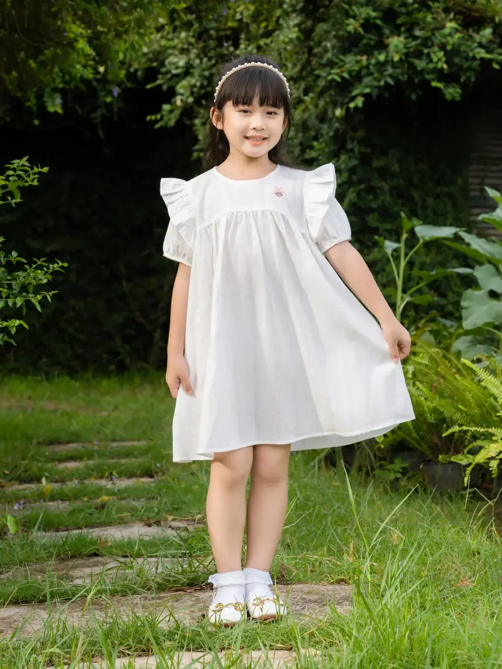 Váy kid nữ đầm trắng tay lỡ bèo vai - Trắng