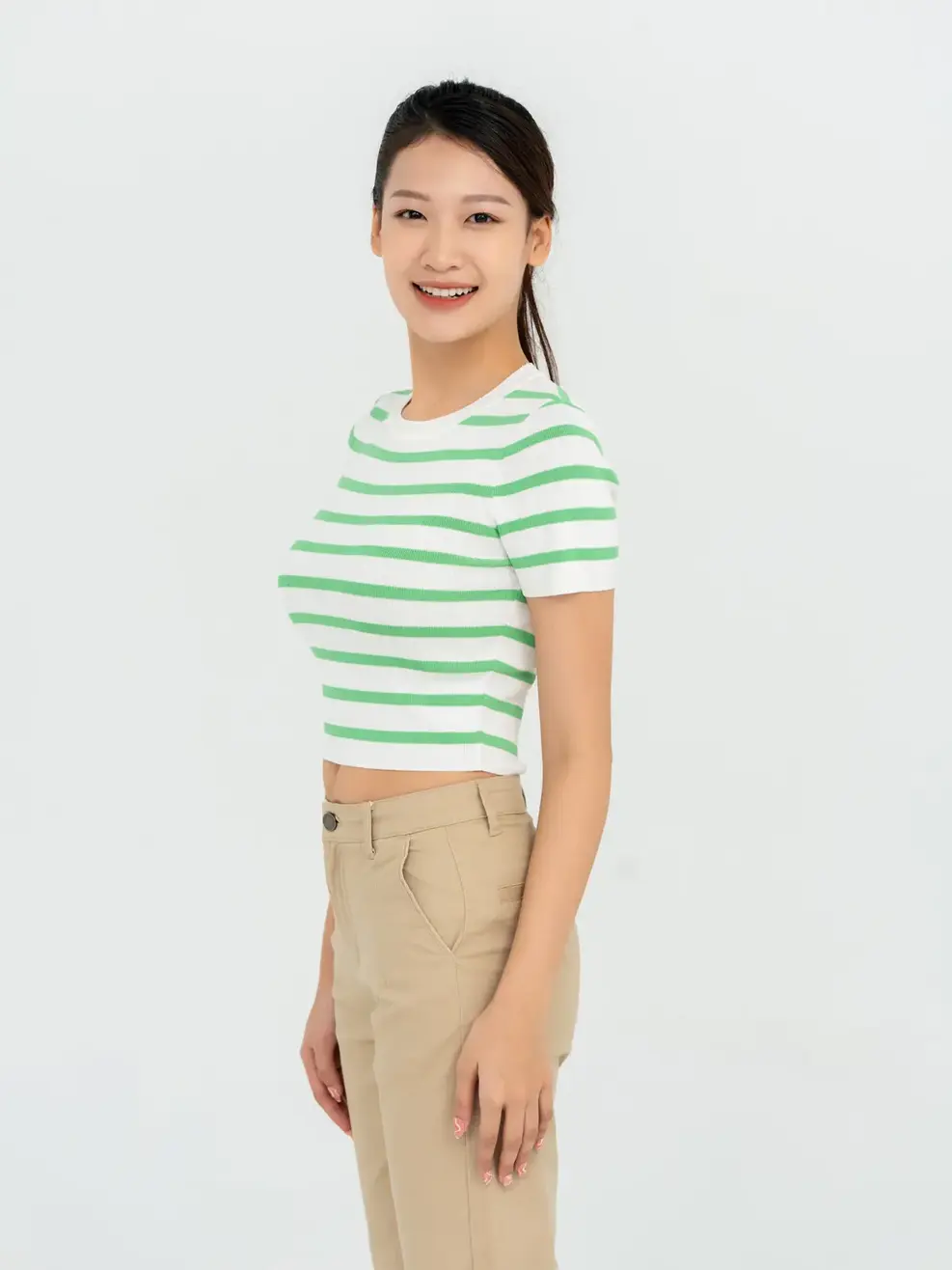 Áo Len Nữ Ngắn Tay Dệt Kẻ - Trắng kẻ xanh - S