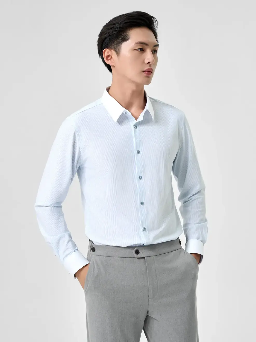 Sơ Mi Dài Tay Nam Kẻ Sọc Phối Cổ - Xanh - M