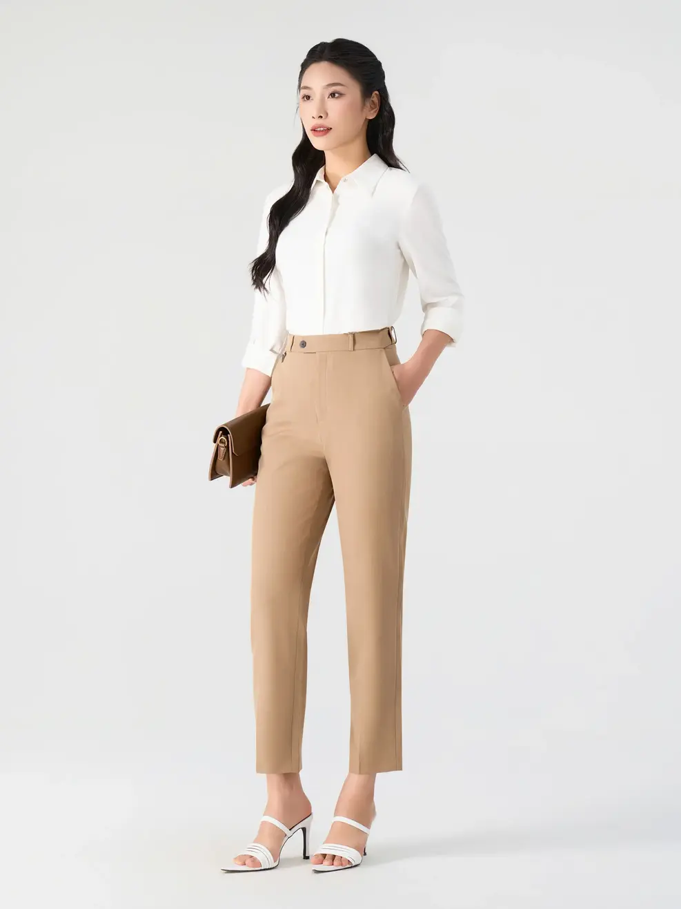 Sơ Mi Dài Tay Nữ Nano Thêu Nẹp - Trắng - S