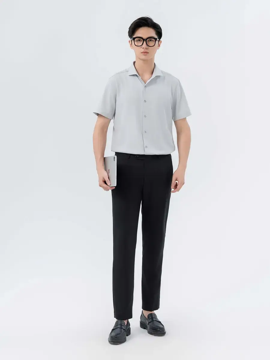 Sơ Mi Nam Cộc Tay Nano Phối Cổ - Ghi - M