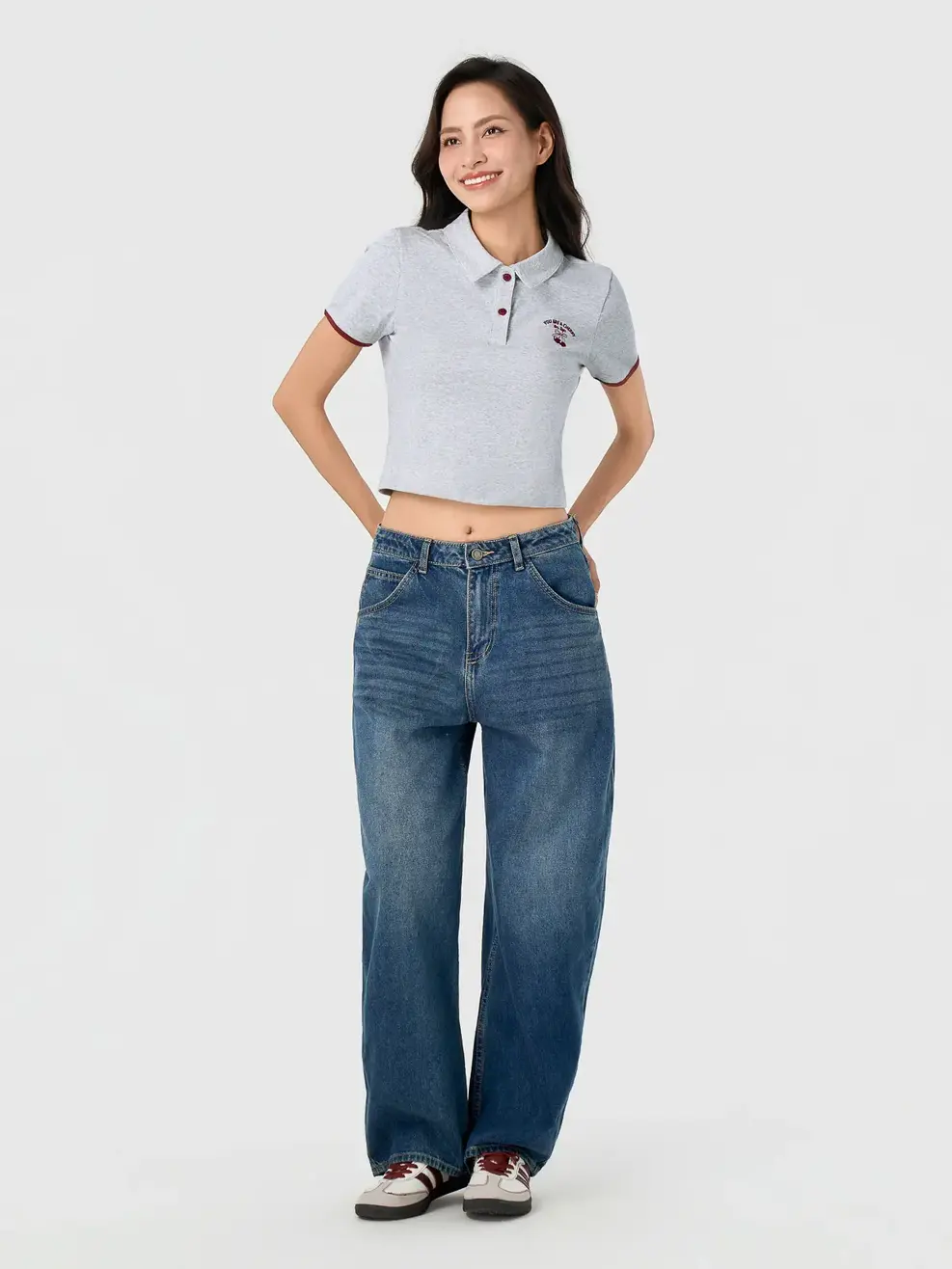 Áo Polo Nữ Crop Top Thêu Cherry - Phối Màu Xám 157 - S