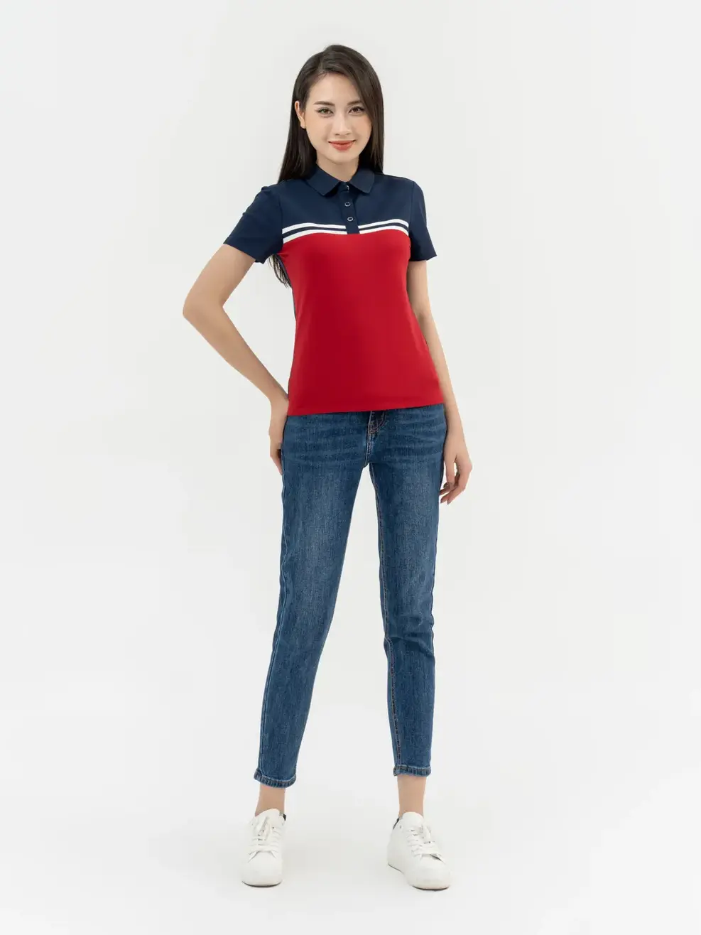 Áo Polo Nữ Mắt Chim Phối Màu In Kẻ - Đỏ - S