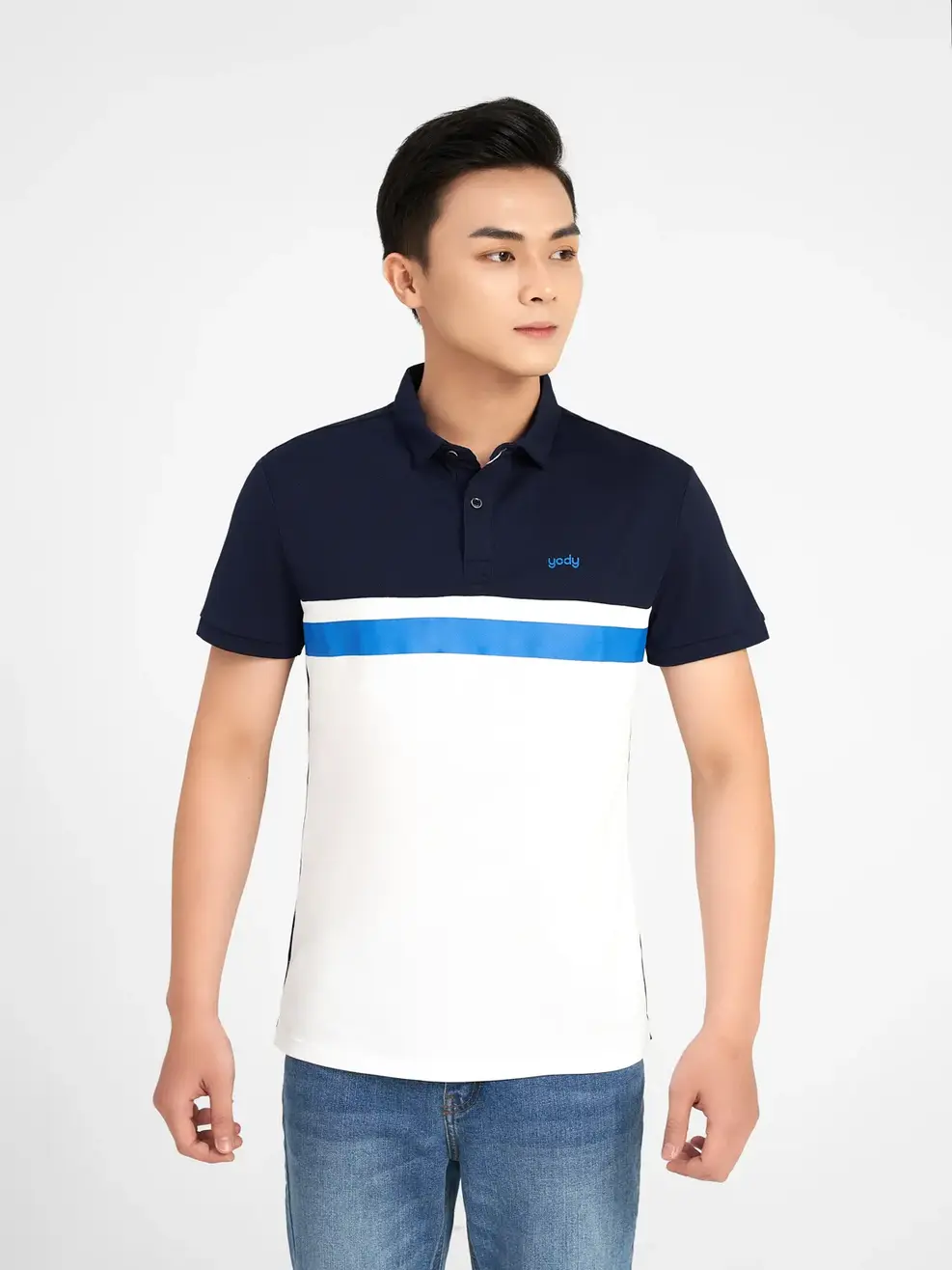 ÁO POLO NAM CAFE BO TRƠN PHỐI MÀU - Trắng phối navy - M