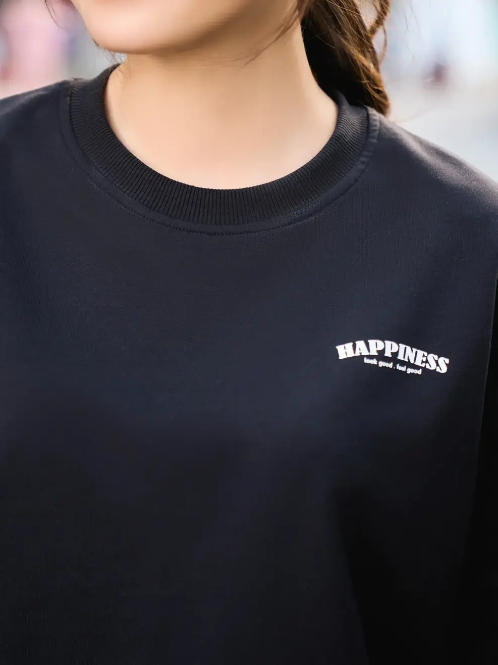 Bộ đông nữ nỉ in chữ HAPPINESS - Đen - S