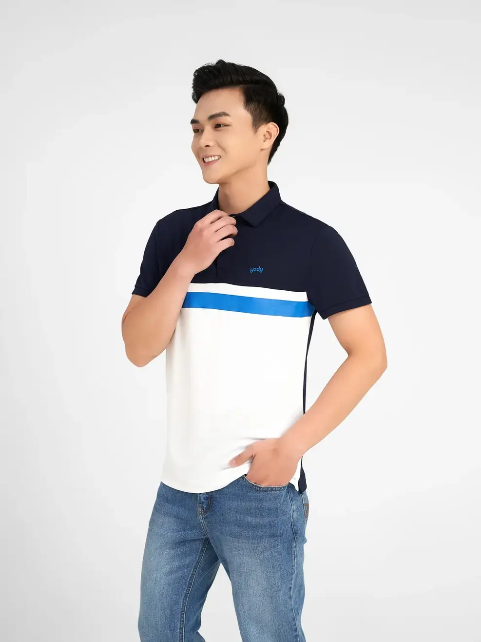 ÁO POLO NAM CAFE BO TRƠN PHỐI MÀU - Trắng phối navy - M