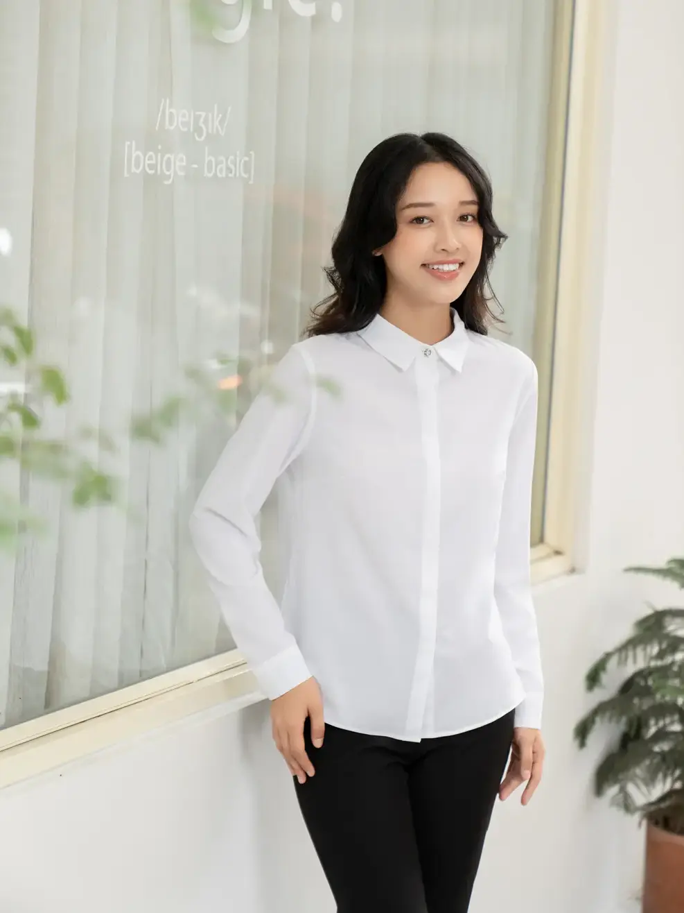 Sơ mi nữ dài tay nano dáng suông. - Trắng - S