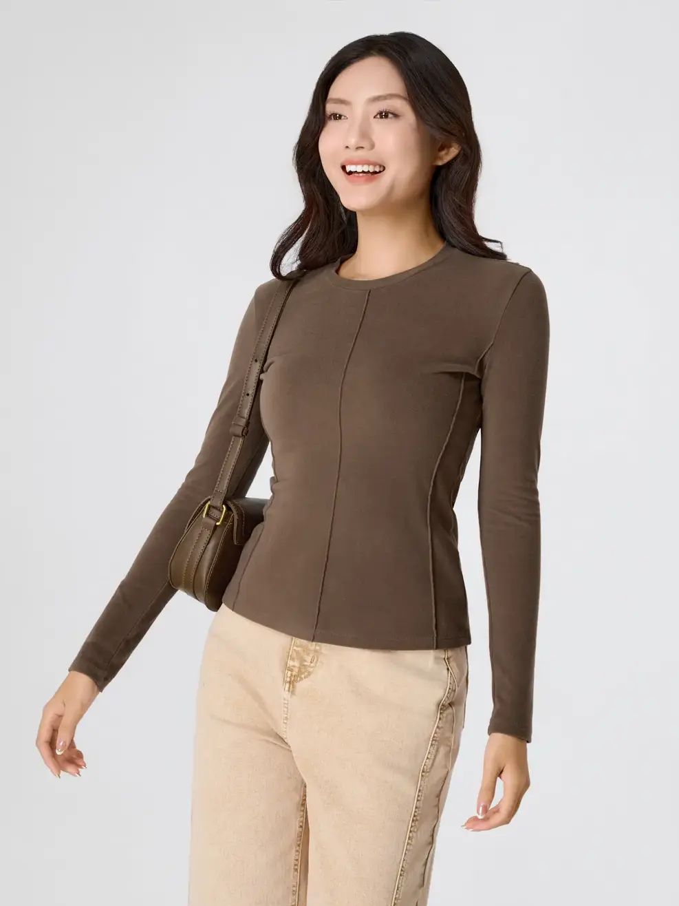 Áo Phông Dài Tay Dáng Ôm Cổ Tròn - Nâu 123 - S