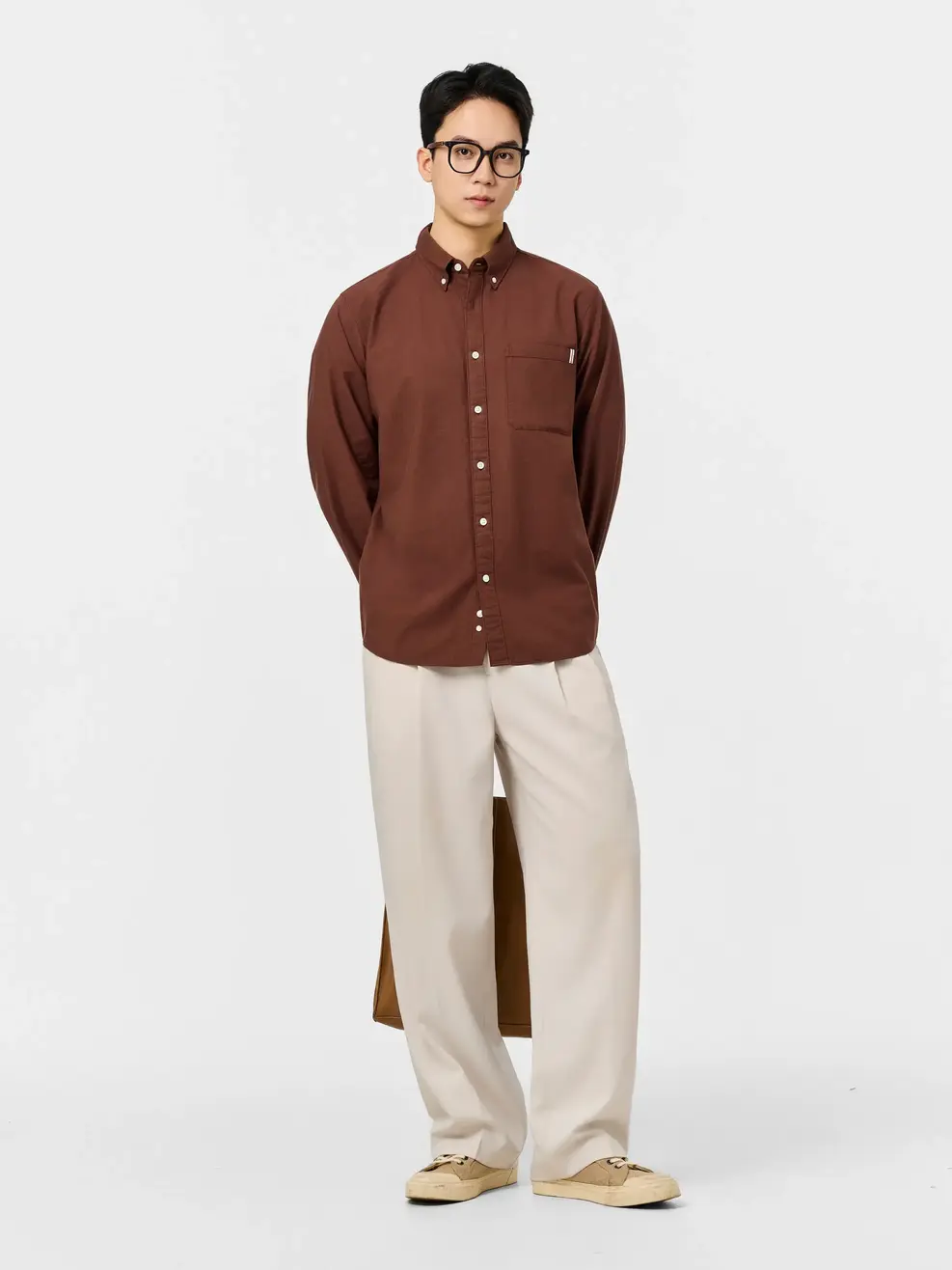 Áo Sơ-mi nam oxford dài tay phối túi - Màu nâu 002 - M