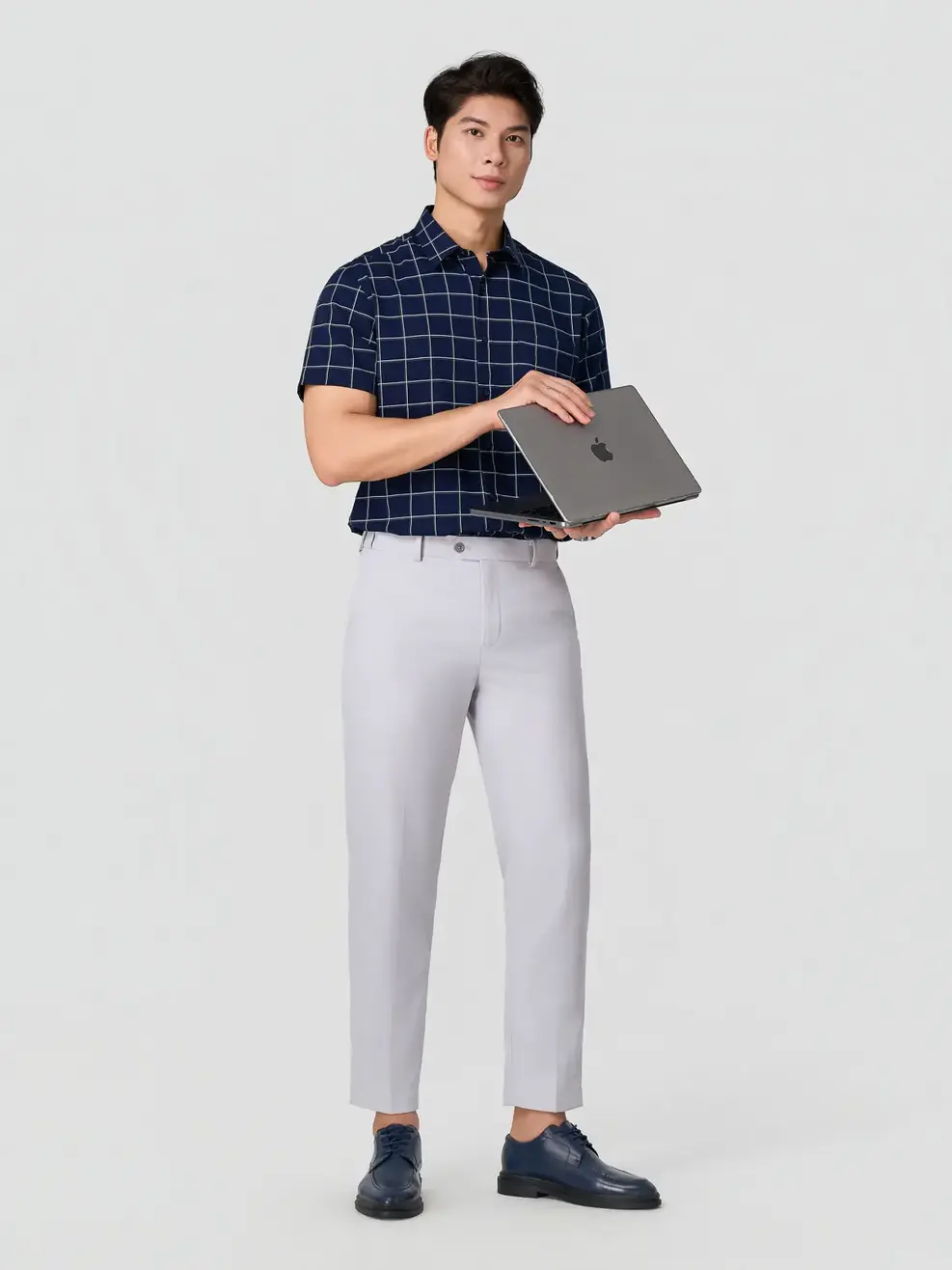 Áo Sơ-mi Ngắn Tay kẻ caro vạt ngang Regular - Kẻ Tím Than 126 - M