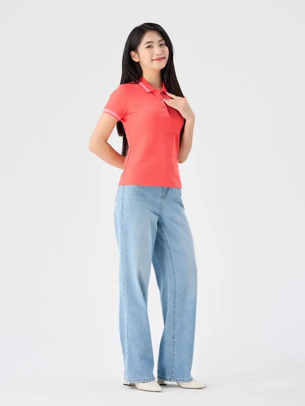 Polo Nữ Cafe Dệt Tổ Ong In Ngực - Hồng cam - S