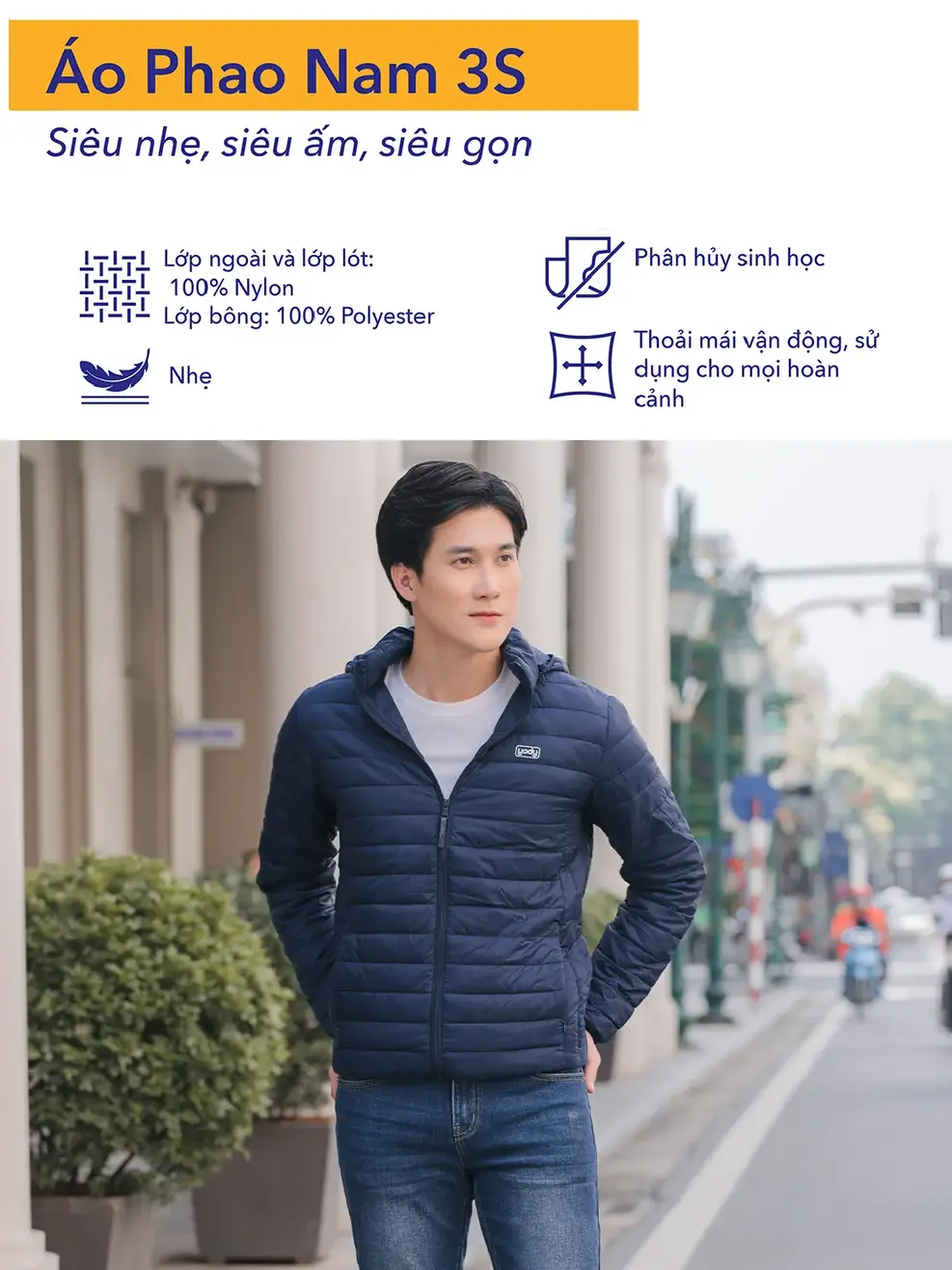Áo phao nam Yody có mũ - Ghi Đậm - M