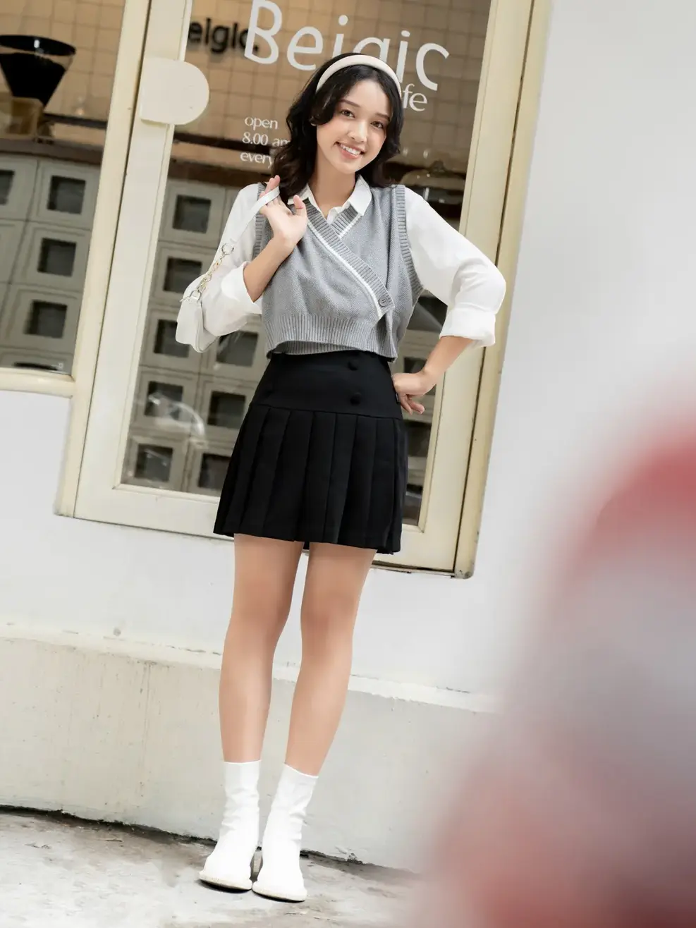 Áo len phối lé cúc sườn - Ghi - S