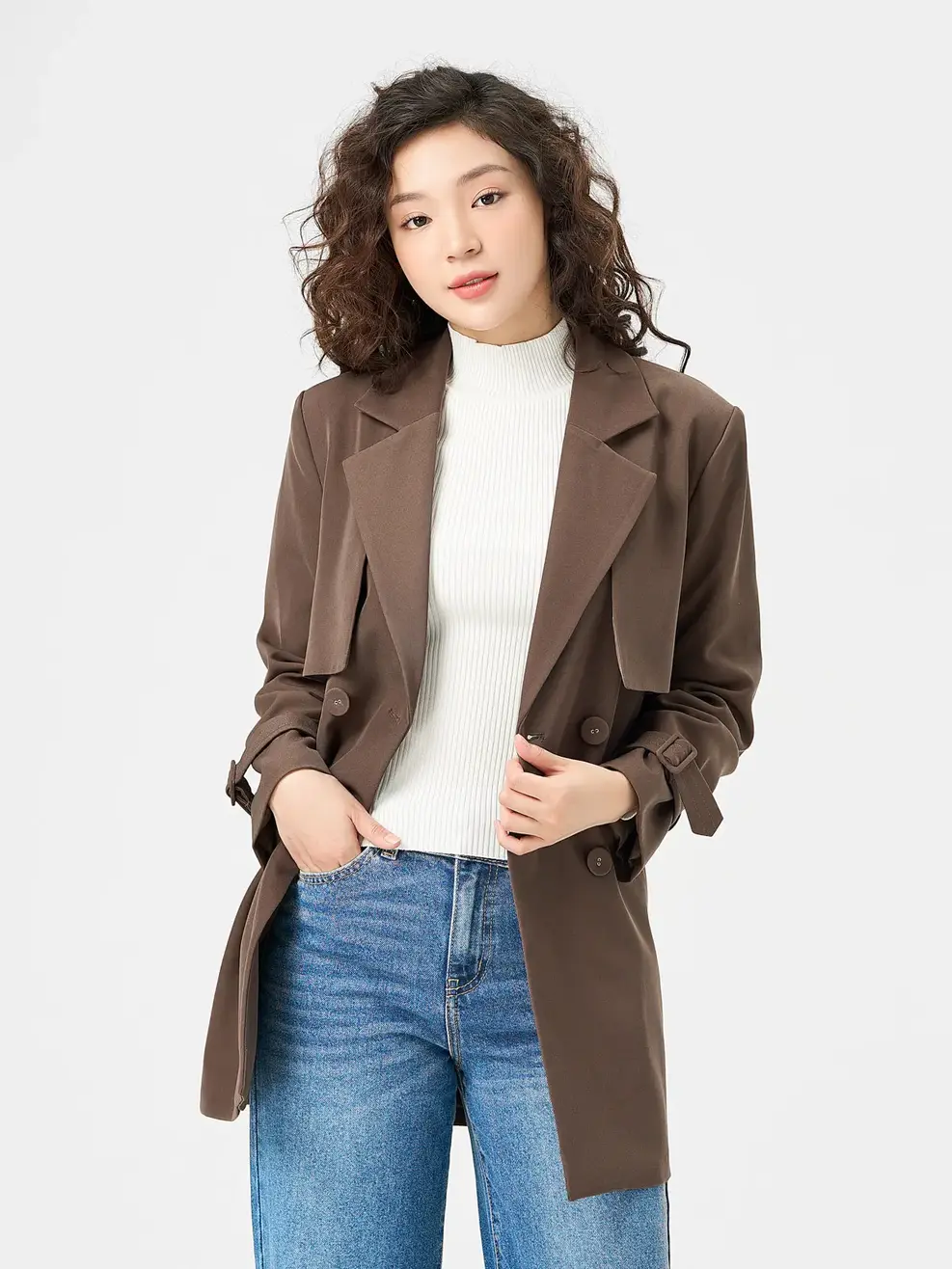 Áo Măng Tô Nữ Dáng Suông Đai Eo - Nâu - S