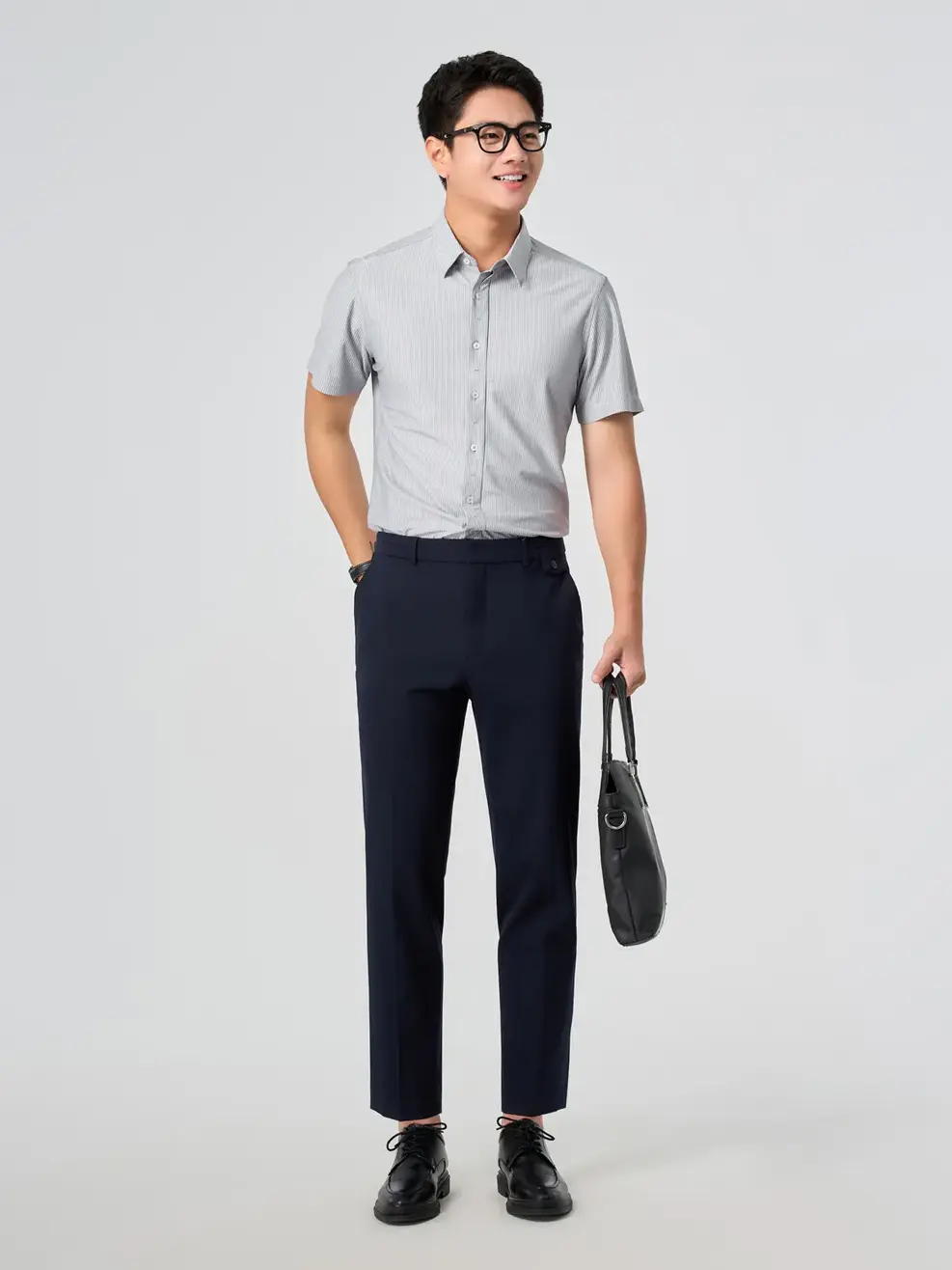 Áo Sơ Mi Nam Cộc Tay Nẹp Kiểu Họa Tiết Kẻ Sọc - Kẻ sọc Xám - L