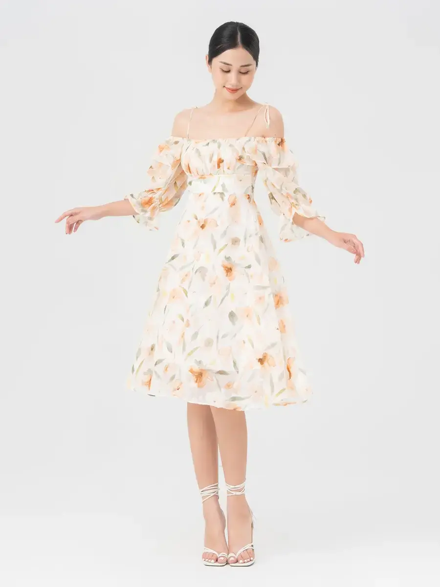 Váy Nữ Hoa Xoè Trễ Vai - Cam - S