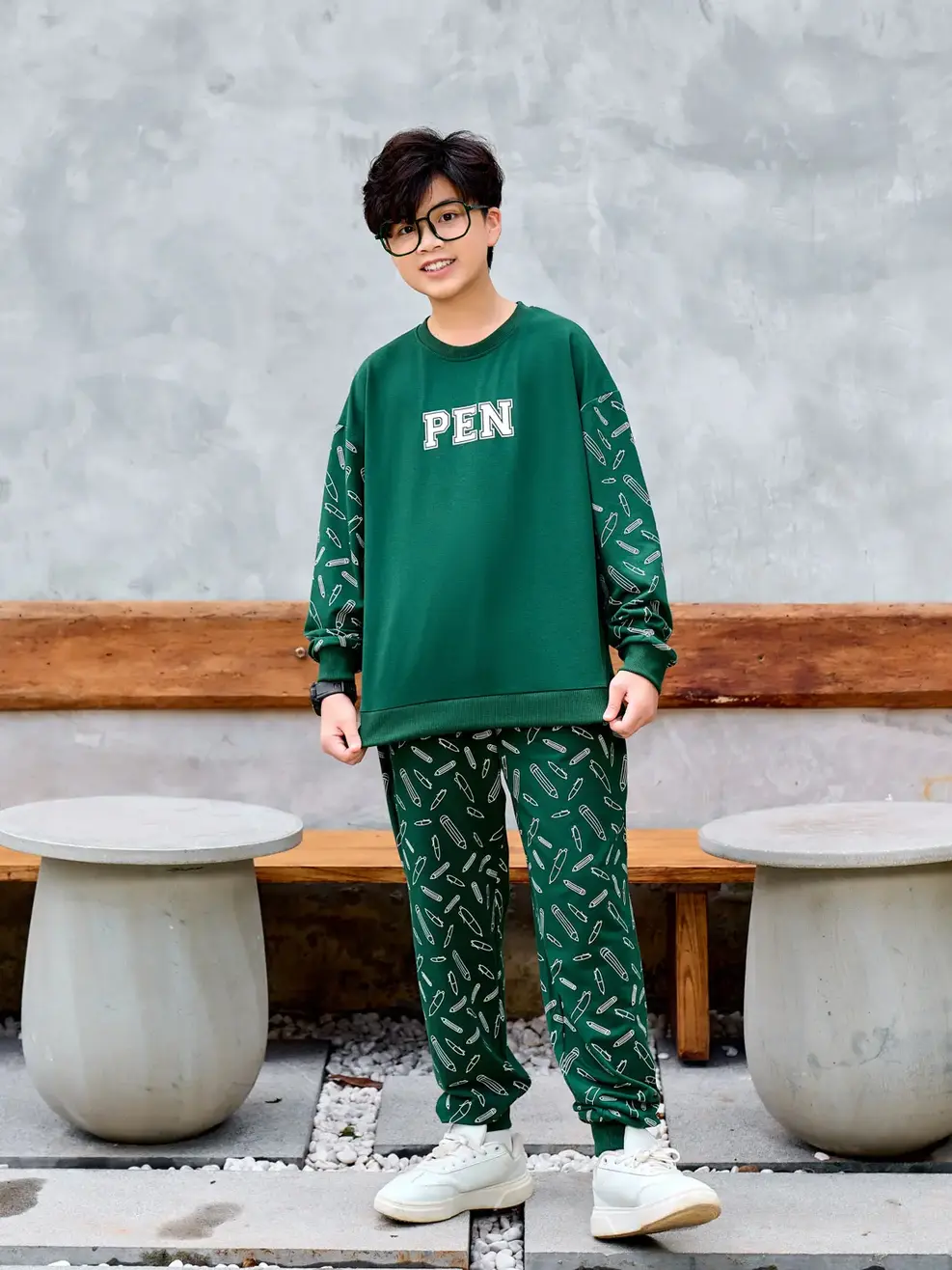 Bộ đồ kid lớn in Pen - Xanh Lá - 10