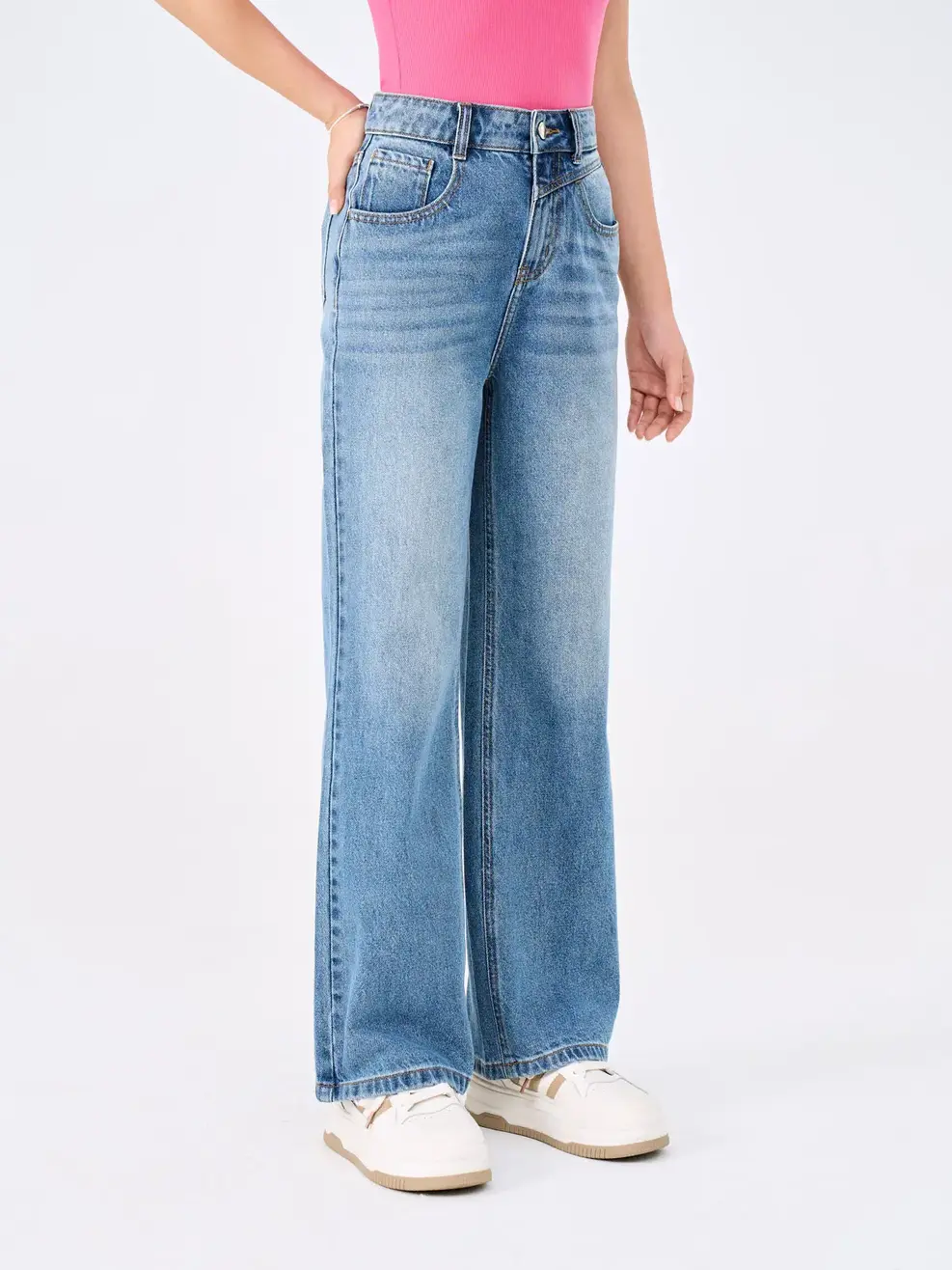 Quần Jeans Nữ Ống Suông Cạp Cao Túi Can Chéo  - Xanh - 25