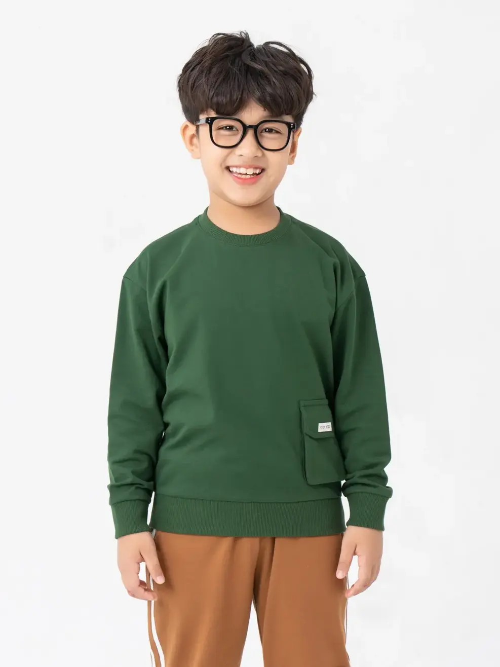 Áo Dài Tay Kid Hoodie Cổ Tròn Phối Túi - Xanh đậm - 6