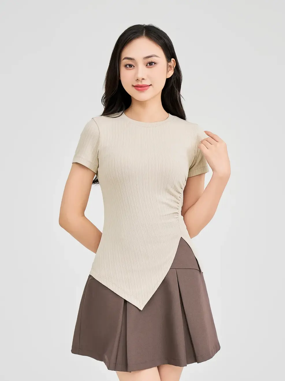 Áo Phông Nữ Nhún Sườn - Be - S