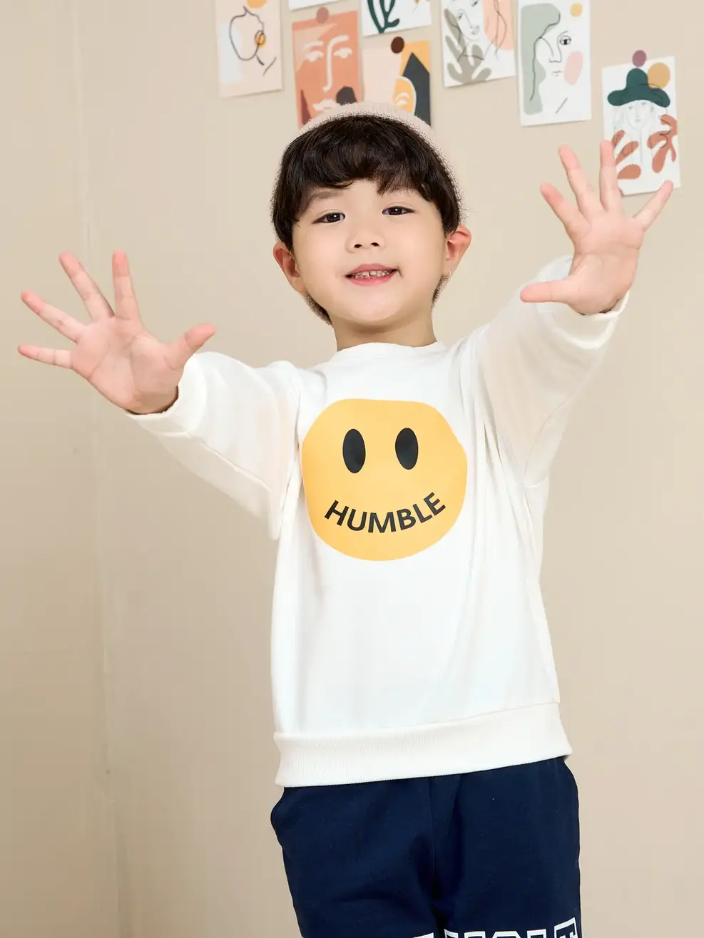 Bộ đồ kid in mặt cười - Trắng phối navy. - 2