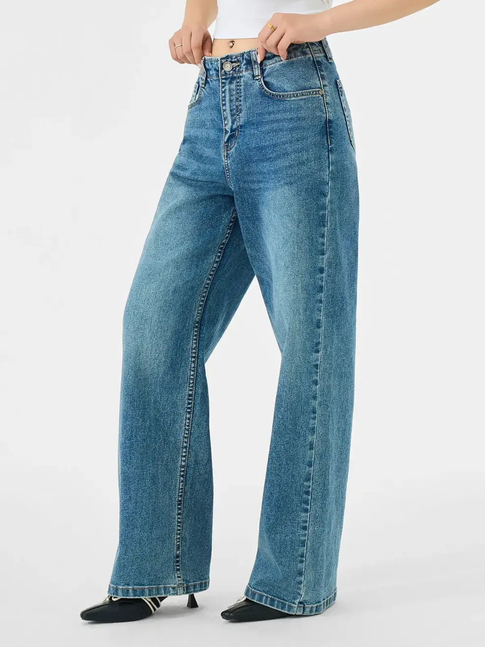 Quần Jeans Nữ Wide Leg Liền Cạp Chiết Ly - Màu chàm 001 - 26