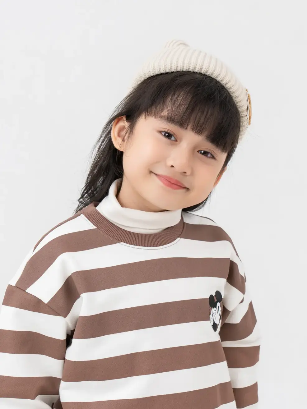 Áo Dài Tay Kid Mickey Phối Kẻ - Trắng phối nâu - 2