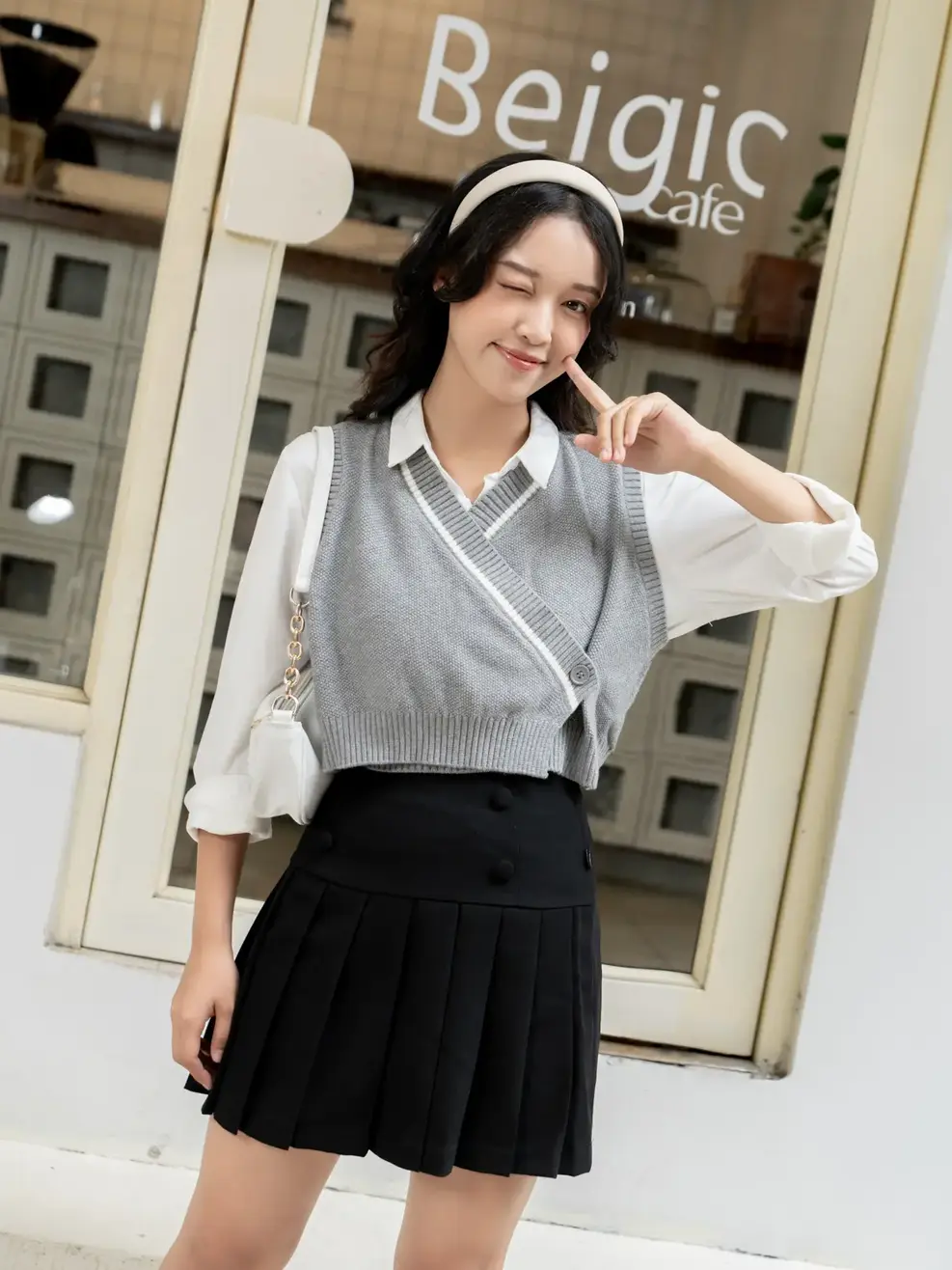 Áo len phối lé cúc sườn - Ghi - S