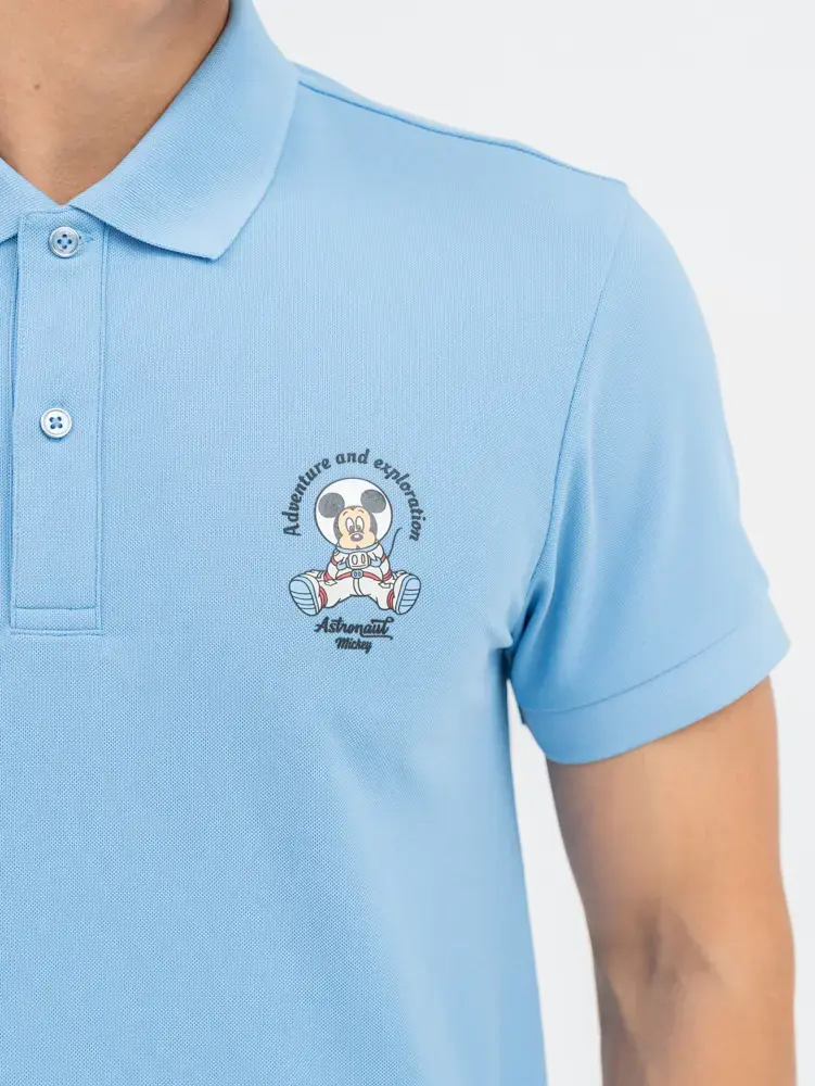Polo Nam Cafe Dệt Tổ Ong Mickey In Ngực - Xanh lơ - M
