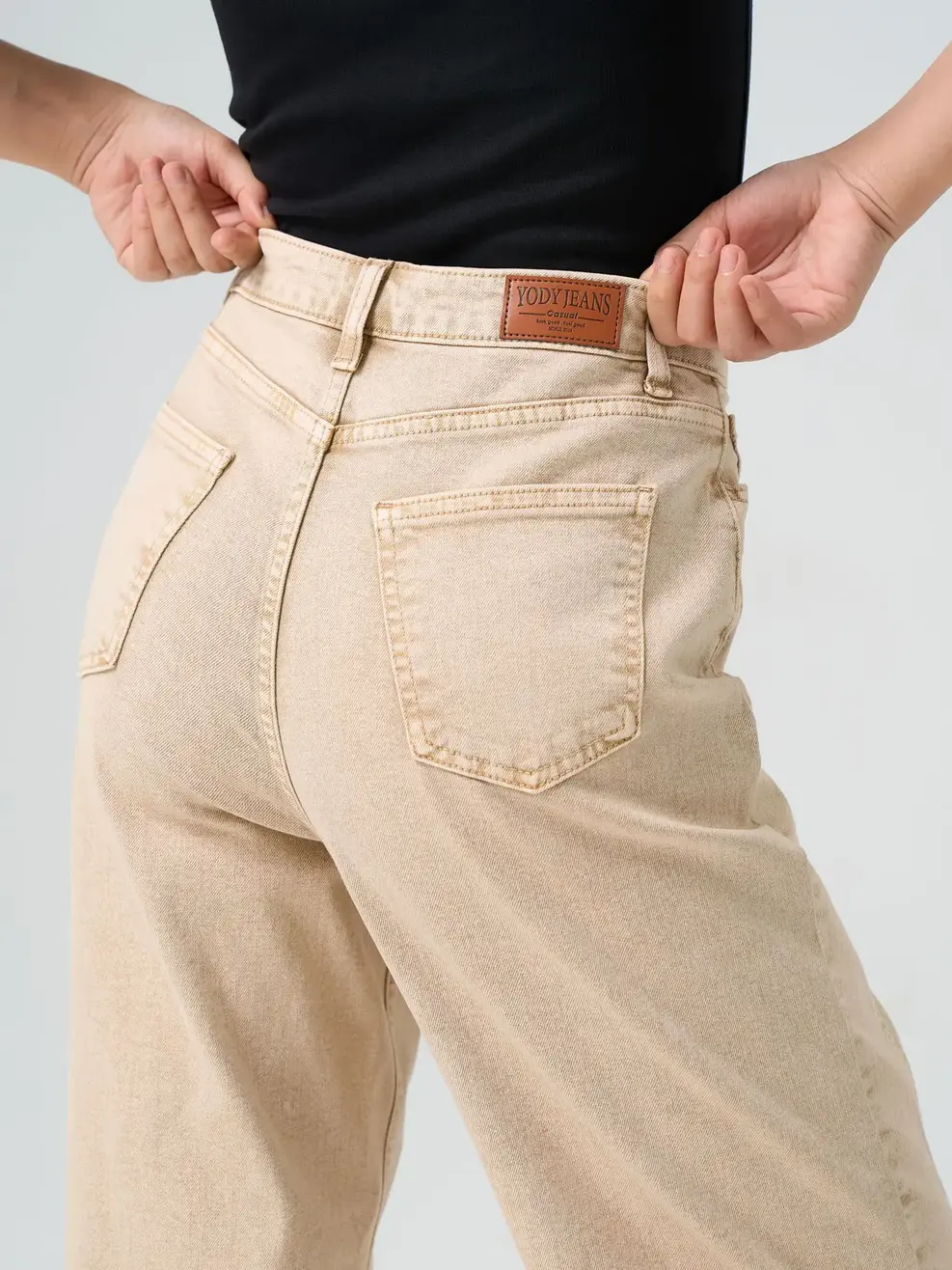 Quần Jeans Nữ Ống Rộng Cạp Cao Can Phối - Be - 25