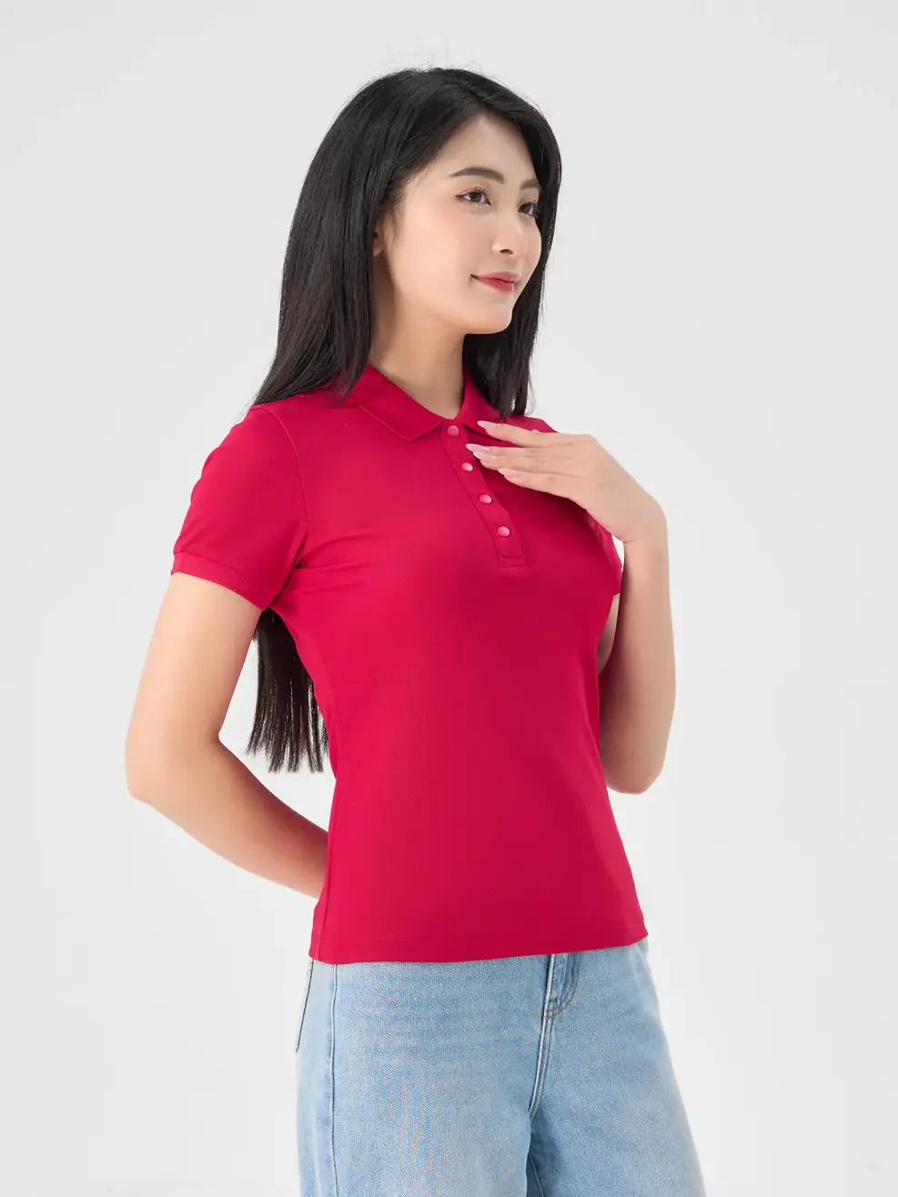 Polo Nữ Cafe Dệt Tổ Ong Nẹp Dài - Đỏ - S