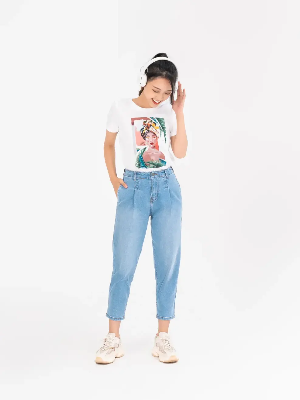 Jean nữ baggy cạp liền co giãn - Xanh nhạt - 31