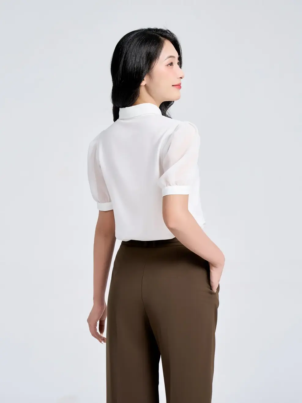 Áo Sơ Mi Tay Ngắn Nữ Tay Phối Tơ Bồng - Trắng - M