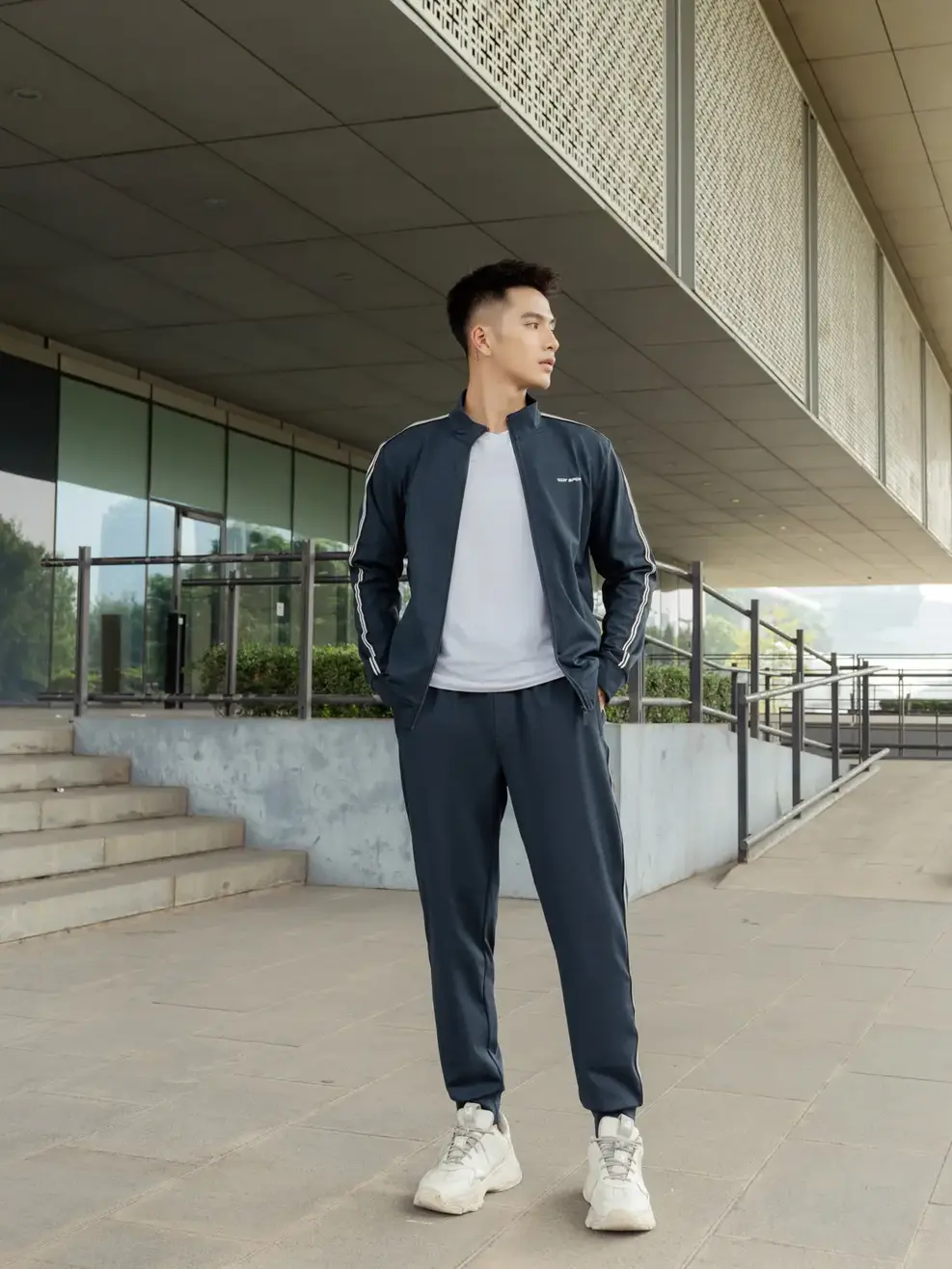 Bộ đồ thể thao nam nỉ Double Face phối dây dệt - Xanh than - XL