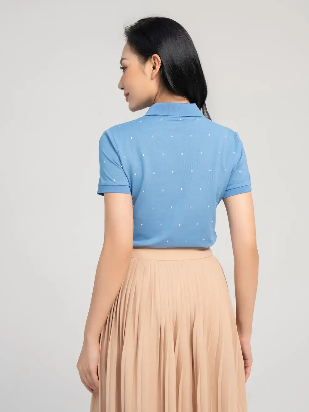 Áo polo nữ mắt chim  in tràn hình học - Xanh - S