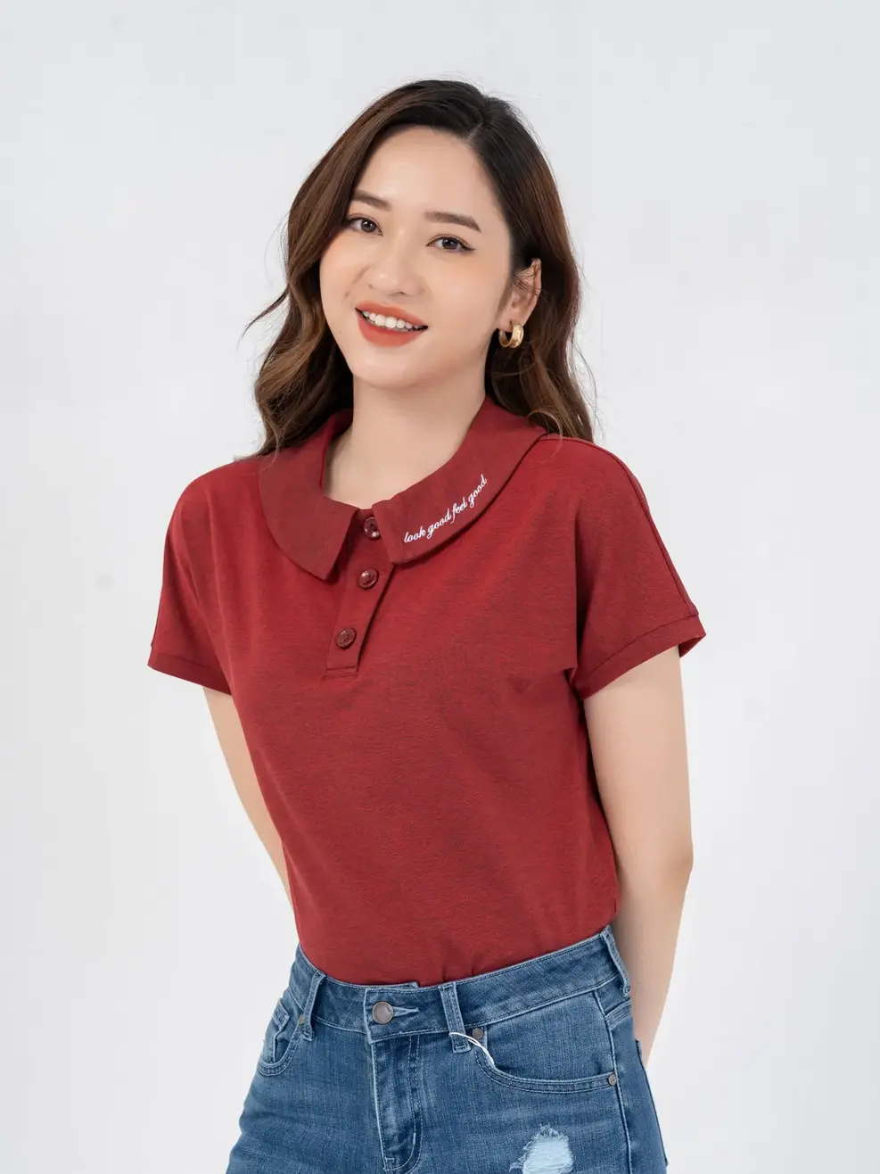 Polo nữ mắt chim cổ sen - Đỏ - L