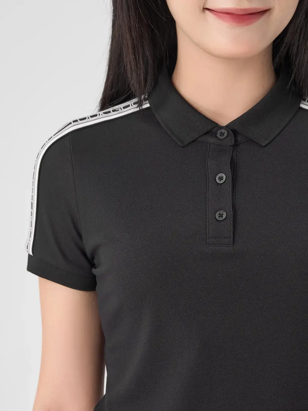 Polo Nữ Cafe Dệt Tổ Ong Phối Dây Dệt - Đen - S