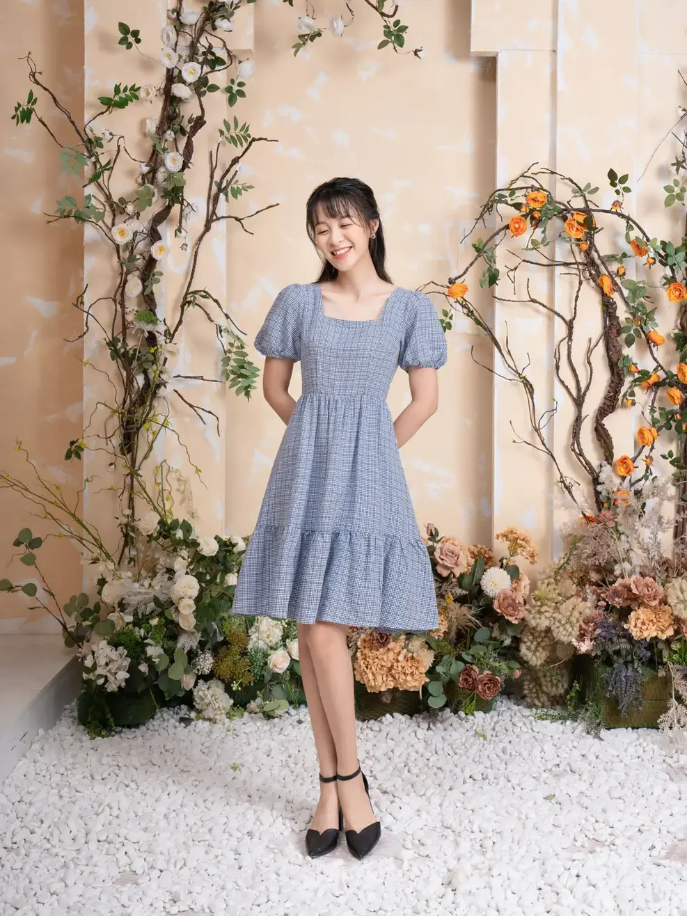 Váy nữ xoè Gingham - Tím than - S