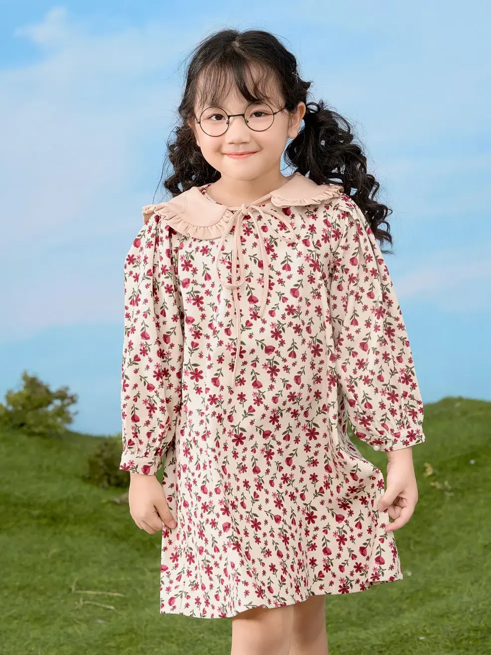 Váy trẻ em dáng xuông cổ rời - Hoa đỏ - 2