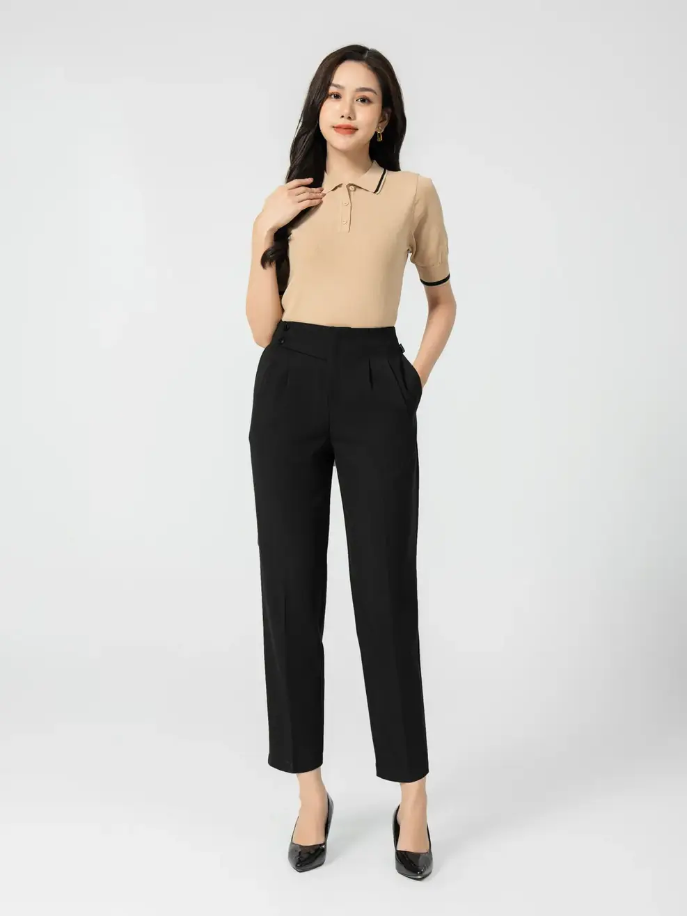 Quần Tây Nữ Baggy Cạp Cao Thailand - Đen - S