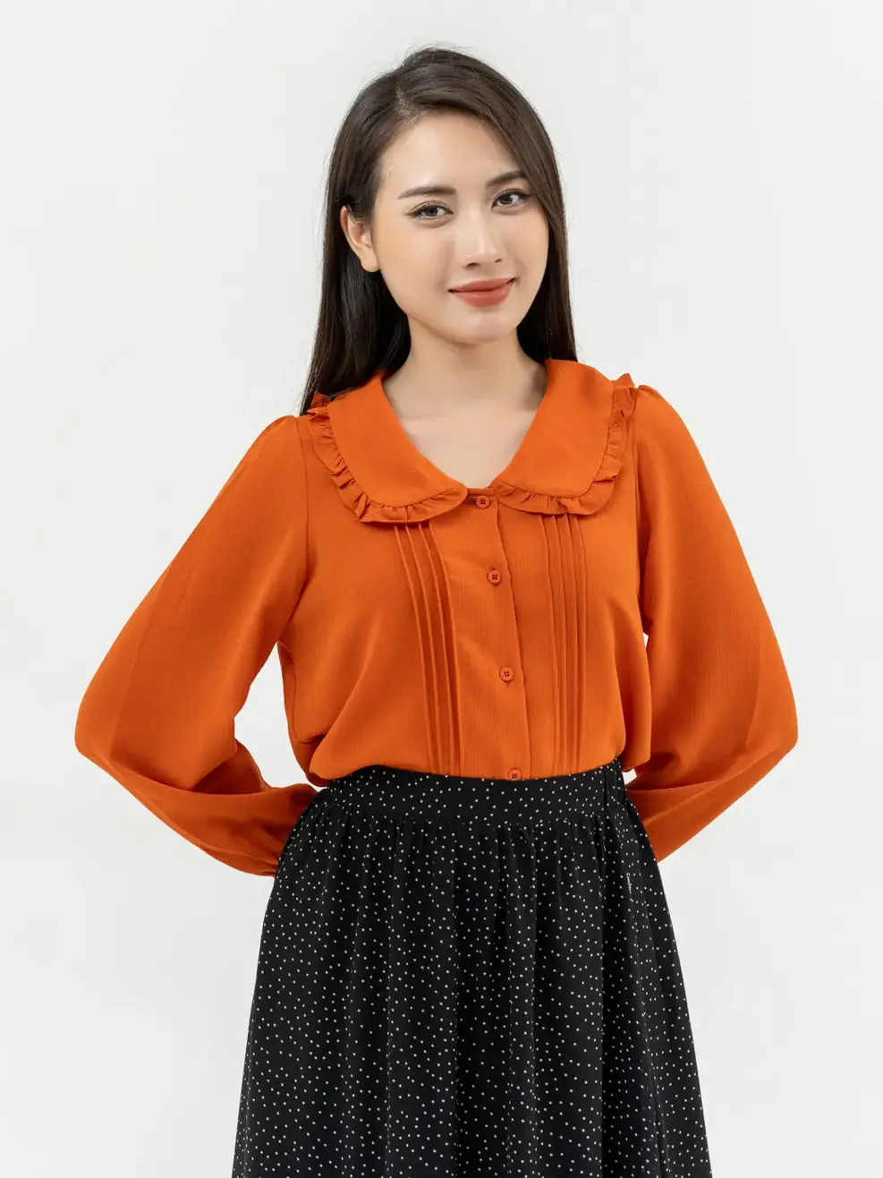 Áo Sơ Mi Tay Dài Nữ Cổ Bèo Dáng Suông  - Cam - S