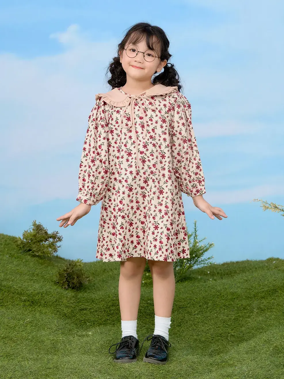 Váy trẻ em dáng xuông cổ rời - Hoa đỏ - 2