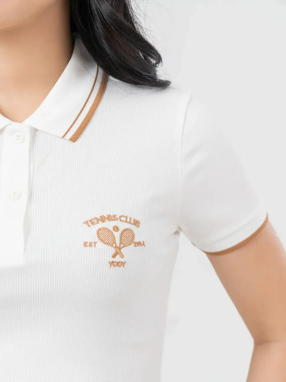 Polo Nữ Thun Rib Thêu Hình - Trắng - S