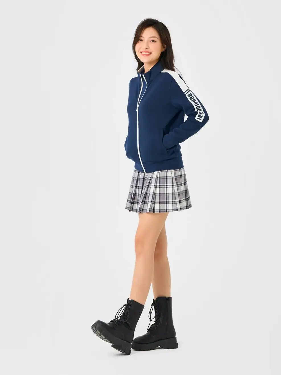 Áo Khoác Nỉ Thể Thao Nữ Cổ Dựng Phối Tay - Tím than - S