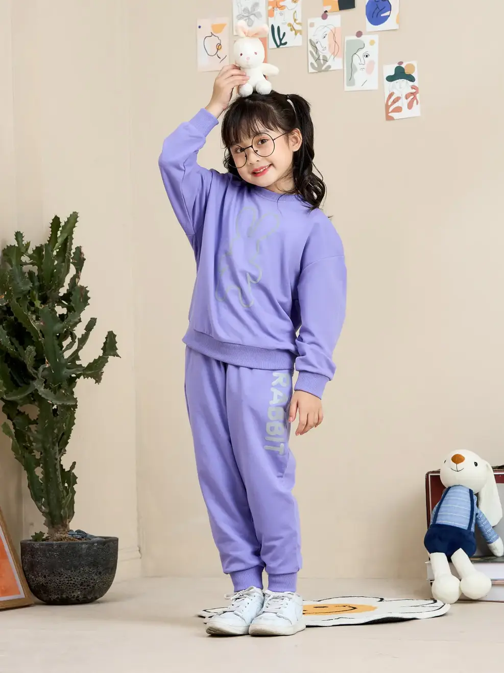 Bộ đồ kid in thỏ - Tím - 2