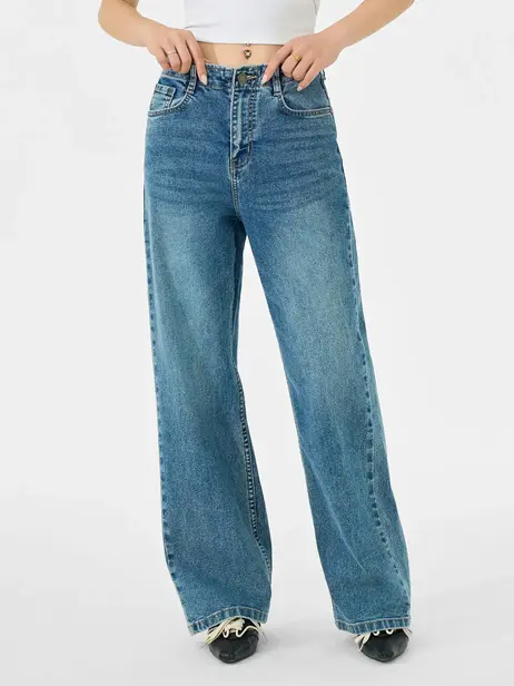 Quần Jeans Nữ Wide Leg Liền Cạp Chiết Ly